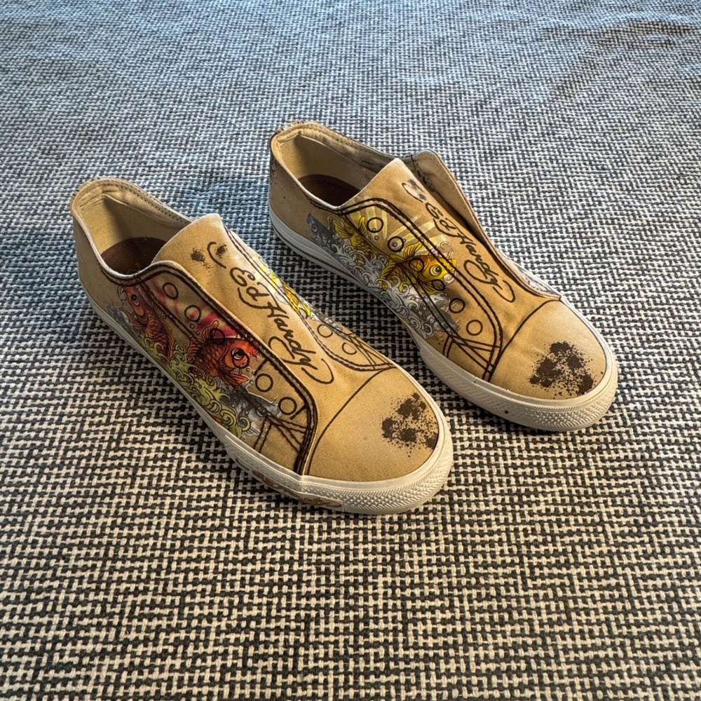 Ed Hardy Womens Koi Fish Tattoo Art Canvas Slip On Sneakers Tan Size 8